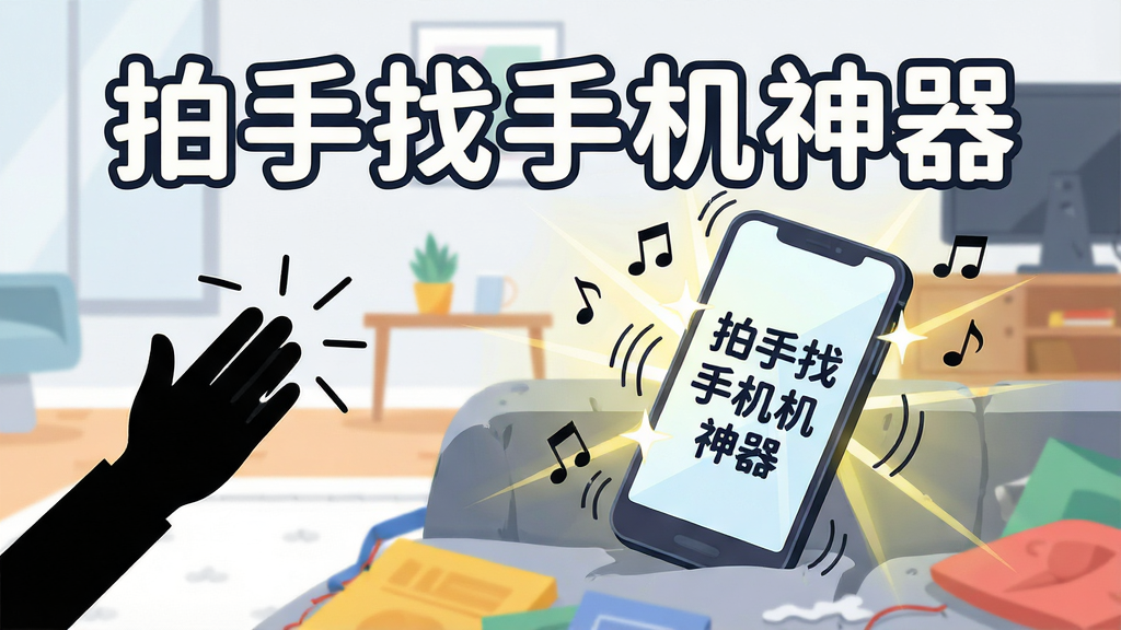 主体:一部亮屏的智能手机放在杂乱沙发缝隙中,手机屏幕显示“拍手找手机神器”字样,手机周围发出耀眼闪光和音符图标。布局:手机居中偏右,左侧留白处有手掌拍击动作的剪影,背景为简约室内环境。排版:画面干净,文字“拍手找手机神器”用大号圆体置于手机上方。风格:扁平插画风,色彩明快,突出科技感与趣味性。细节:手机震动线条、响铃音符、闪光灯射线清晰可见。画质:高清,干净,无多余元素。