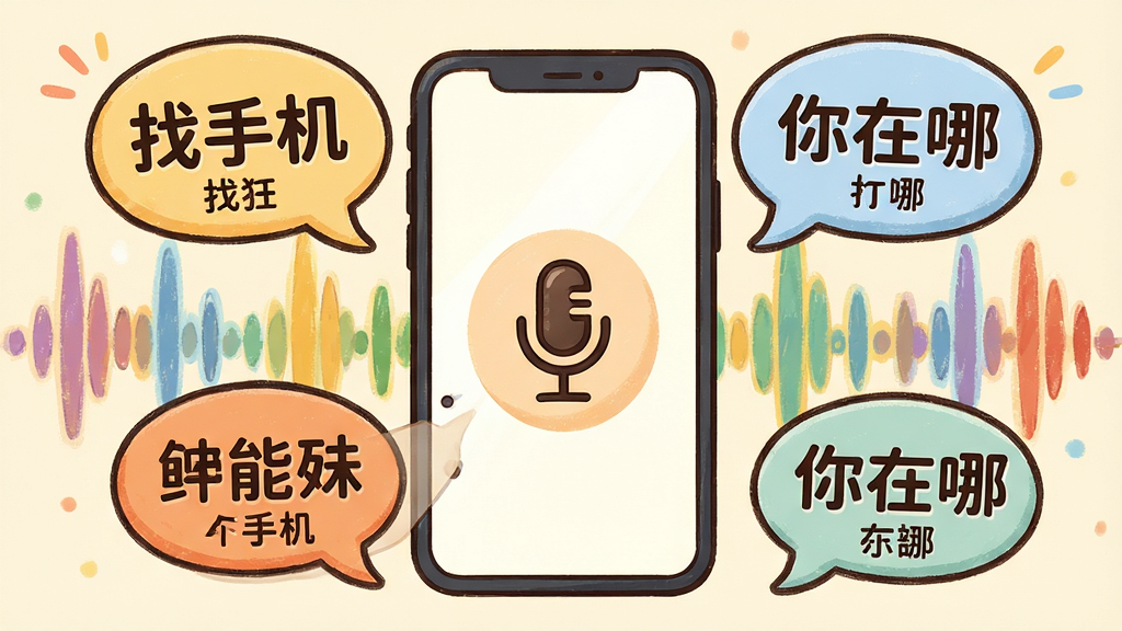 主体:手机屏幕显示麦克风图标,周围有不同方言气泡(如“找手机”“你在哪”)。布局:手机居中,四周环绕方言文字气泡,背景为彩色声波。排版:文字清晰,气泡错落有致。风格:活泼卡通风格,配色温暖。细节:每个气泡对应不同方言标注。画质:高清,干净,无多余元素。