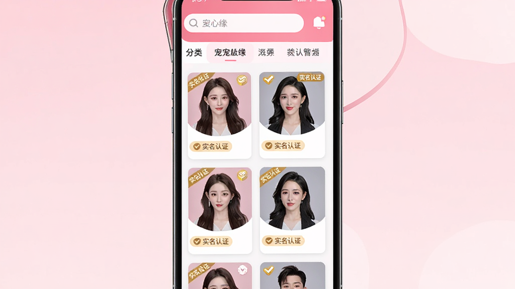 图片展示宠心缘APP的完整界面,主体为手机竖屏截图,屏幕内显示应用主页,包含多个真人主播的卡片式头像列表,每个卡片上标有“实名认证”小徽章,界面顶部有搜索栏和分类标签,整体布局清晰,风格为现代扁平化设计,以粉色和白色为主色调,背景为淡粉色渐变,画质高清,干净无多余元素,图片中文字显示“宠心缘”。