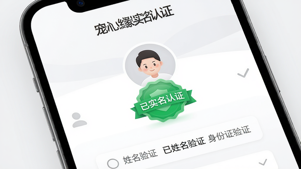 图片展示宠心缘APP的实名认证界面,主体为手机屏幕,屏幕中央显示一个用户头像和“已实名认证”的绿色徽章,周围有“姓名验证”、“身份证验证”的选项框,背景为简约的白色和浅灰色,整体风格干净清晰,画质高清,无多余元素,图片中文字显示“宠心缘实名认证”。