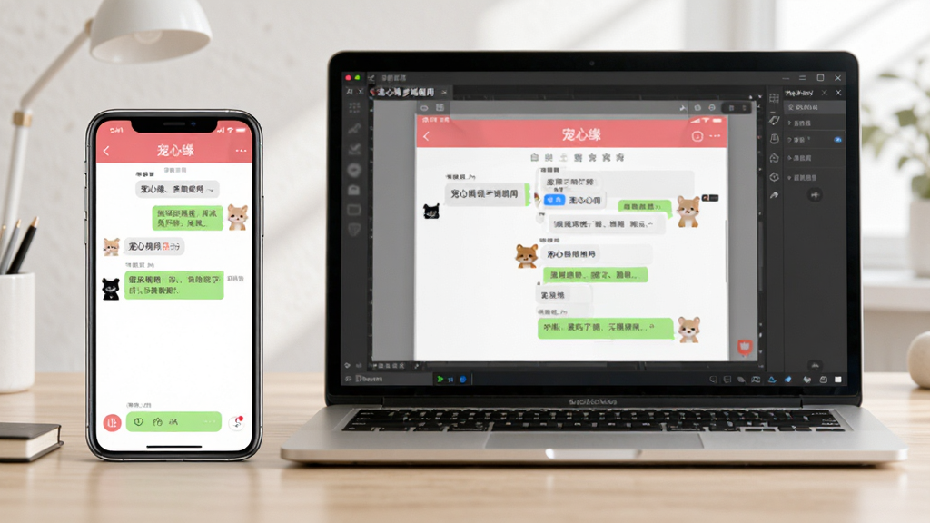 图片展示宠心缘APP在手机和电脑上使用的场景,主体为一部手机和一台笔记本电脑并排摆放,手机屏幕显示宠心缘聊天界面,电脑屏幕显示模拟器中的宠心缘界面,背景为简洁的书桌,风格写实,画质高清,干净无多余元素,图片中文字显示“宠心缘多端使用”。