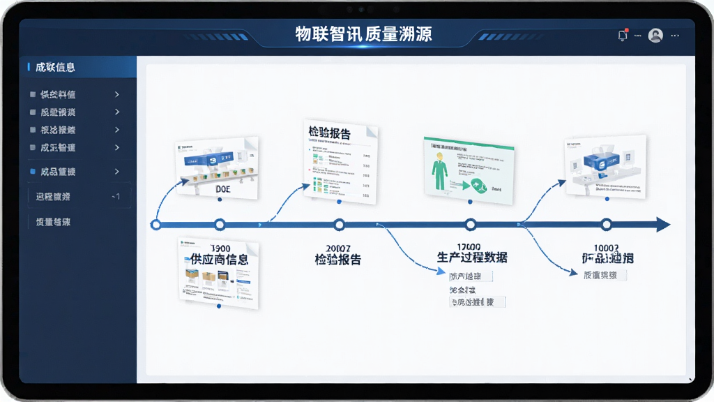 物联智讯质量溯源界面,展示从原材料到成品的全流程追溯链,包括供应商信息、检验报告、生产过程数据等,以时间轴形式呈现,整体风格专业,信息层级分明,画质高清,干净无多余元素