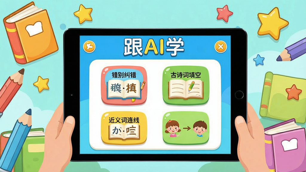 һ���������õĶ�ͯ����Ӧ������ͼ������Ϊ����AIѧ��App������ƽ�������չʾ�������ǲ�ɫ��ͨ�����鱾��Ǧ�ʺ����ǣ��������д����־�������ʫ����ա���������ߵ���Ϸģ��ͼ�꣬�Ű���У�����������죬ϸ�ڷḻ�������������ɾ��޶���Ԫ��
