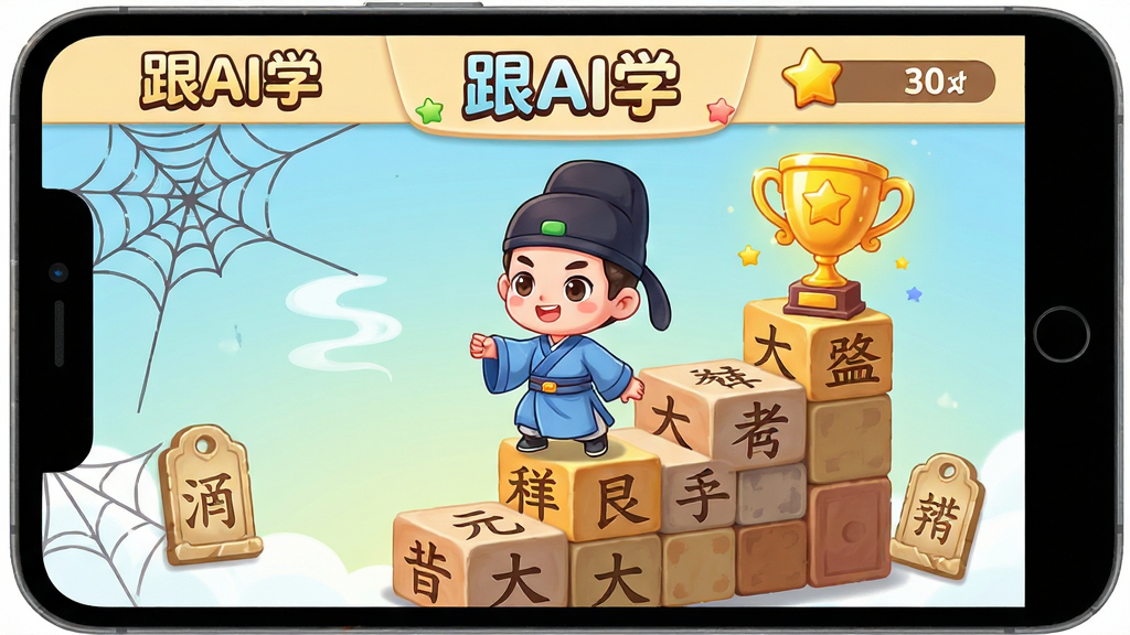 չʾ����AIѧ��App����Ϸ���ؽ������Ƹ壬�����ǿ�ͨ���Ĺ�װС������ɫ����վ���ɺ��ֻ�ľ��ɵĹؿ������ϣ����ݾ�ͷ�н�ɫ���������涥����ʾ����AIѧ��Logo�����ǵ÷֣��������������ɰ����ã�ϸ�ڰ���������֩��������ʫ�����Ƶ�Ԫ�أ����ʸ��壬�ɾ��޶���Ԫ��