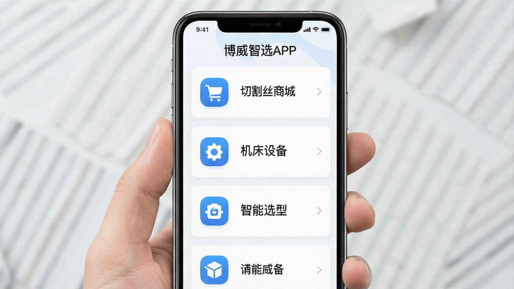 一张博威智选APP界面截图,主体是手机屏幕显示主界面,布局清晰展示切割丝商城、机床设备、智能选型等模块图标,排版为纵向列表式,风格现代简约,浅色背景搭配蓝色主色调,细节包含功能图标与文字标签,画质高清干净,无多余元素,屏幕上方显示“博威智选APP”字样