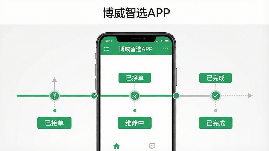 一张维保服务流程示意图,主体为手机端报修进度界面,布局为时间轴样式,风格简洁清晰,绿色与灰色搭配,细节显示“已接单、维修中、已完成”状态标签,画质干净,界面顶部有“博威智选APP”字样