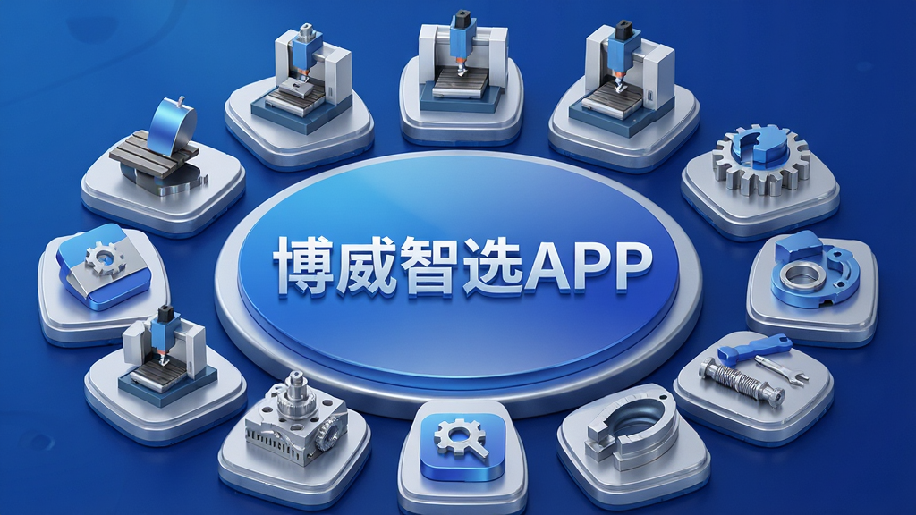 一张博威智选APP功能全景图,主体为APP各功能模块的3D图标展示,布局采用环绕式排列,中央是“博威智选APP”文字Logo,风格科技感强,蓝色与银色渐变色调,细节包含切割丝、机床、配件等元素,画质精细干净,无多余元素