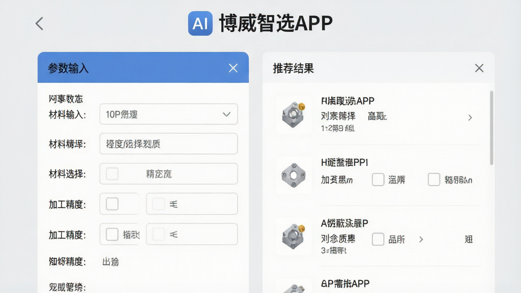 一张AI智能选型界面渲染图,主体为APP选型页面,布局左右分栏,左侧是参数输入框,右侧是推荐结果列表,风格扁平化设计,背景浅灰,细节显示材料选择、加工精度等选项,画质清晰干净,顶部有“博威智选APP”标识