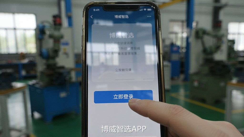 一张手机操作博威智选APP的实拍图,主体为手指点击屏幕上的“立即登录”按钮,布局为居中构图,背景是模糊的车间环境,风格纪实摄影,细节显示屏幕反光,画质清晰,无多余元素,屏幕下方有“博威智选APP”水印