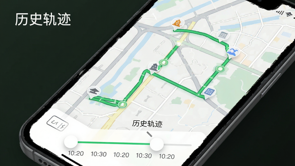 手机实时定位找人历史轨迹功能示意图,手机屏幕上显示一条绿色路线轨迹,途经多个地标点,屏幕下方有时间轴滑动条,背景为浅色地图,界面简洁,轨迹线条清晰,带有“历史轨迹”文字标注,整体风格专业,画质干净,无多余元素