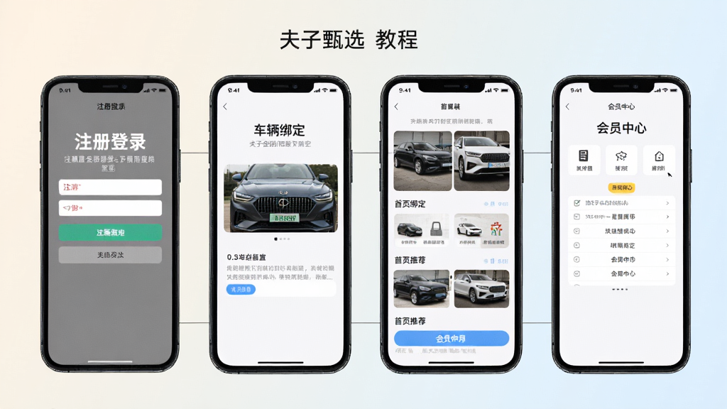主体为“夫子甄选”使用教程截图,手机屏幕依次显示注册登录、车辆绑定、首页推荐、会员中心等步骤,背景为浅色渐变,布局清晰,风格简洁,细节丰富,画质高清,干净无多余元素