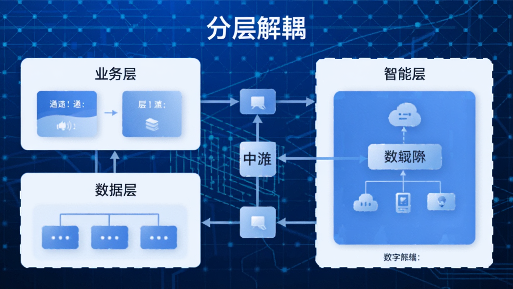 一诺数字助理分层架构示意图,展示业务层、数据层、智能层独立部署,通过中间件连接,背景为蓝色科技网格,标注“分层解耦”字样,风格简洁专业,画质高清,无多余元素