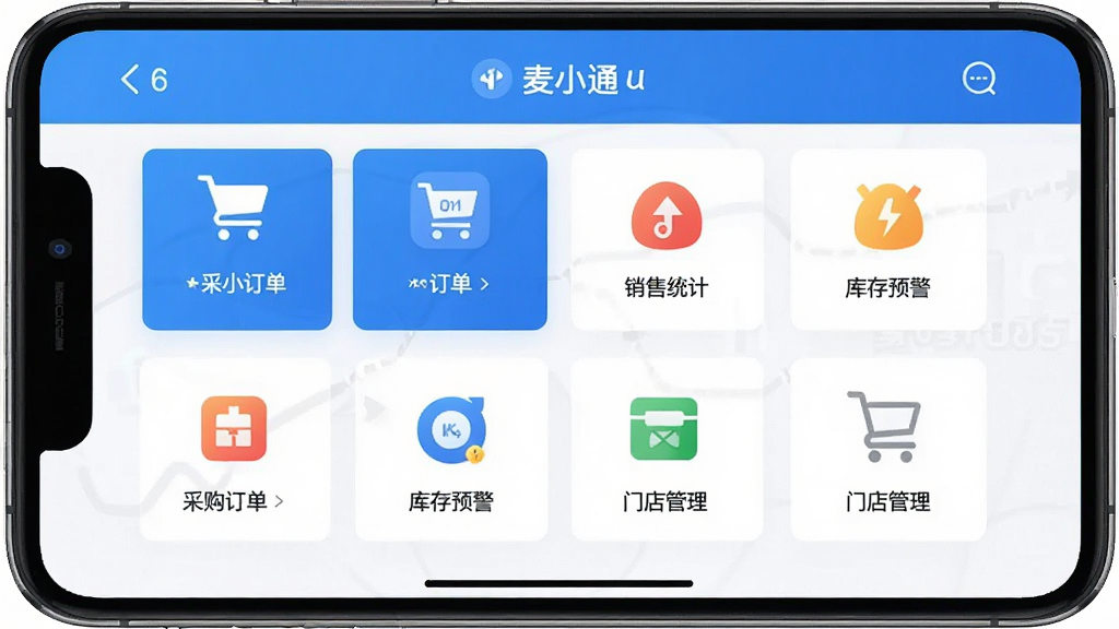 一张展示麦小通APP主界面的高清截图,界面包含采购订单、销售统计、库存预警、门店管理等核心功能模块图标,整体布局清晰,色调以蓝色和白色为主,风格现代简洁,体现高效、专业的供应链管理氛围,画质清晰,细节丰富,干净无多余元素