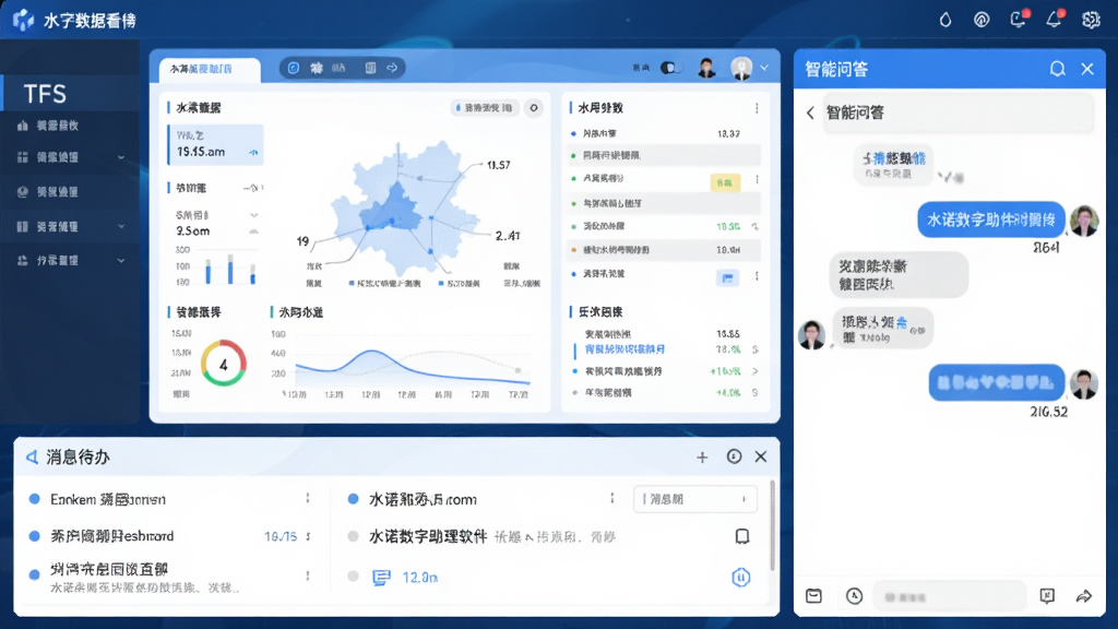 一诺数字助理软件主界面预览图,展示多端协同工作场景,左侧为水务数据看板,右侧为智能问答对话框,底部为消息待办列表,整体风格简约科技蓝,界面干净清晰,画质高清,无多余元素