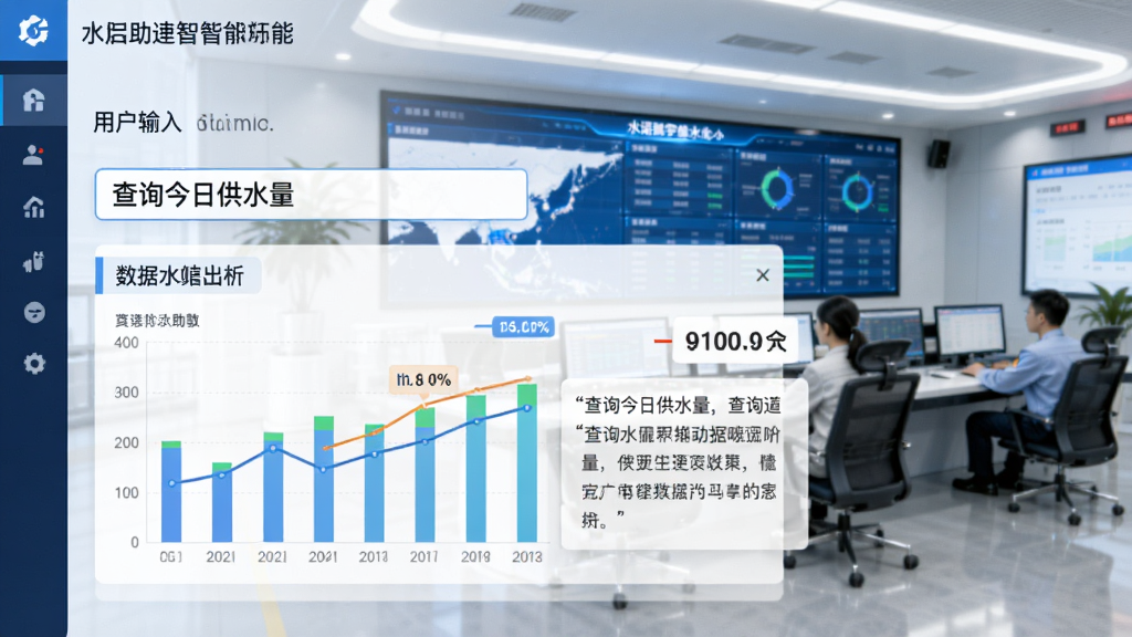 一诺数字助理智能问答功能截图,界面显示用户输入“查询今日供水量”,系统自动生成数据图表并附文字解析,背景为水务调度中心,风格现代明亮,画质清晰,无多余元素