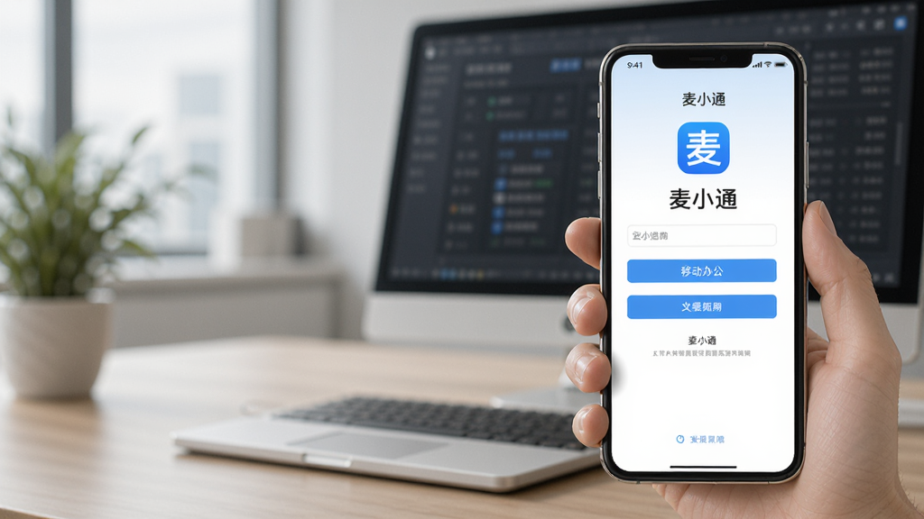 一张展示麦小通APP在手机上安装和使用的场景图,手机屏幕显示麦小通登录界面,背景为办公环境,突出移动办公的便捷性,画质清晰,干净无多余元素