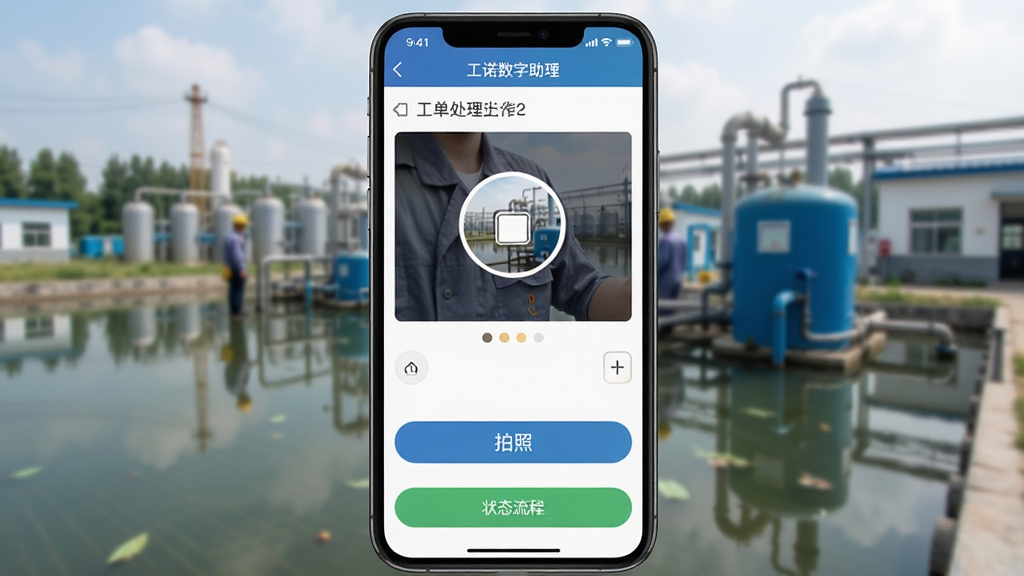 一诺数字助理移动端操作截图,展示工单处理界面,包含拍照上传、状态流转按钮,背景为水厂现场,风格真实自然,画质清晰,无多余元素