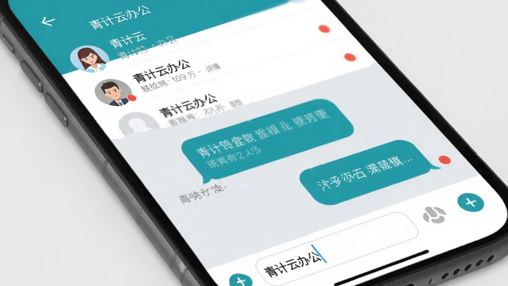 手机屏幕特写显示青计云办公聊天界面,上方显示联系人列表,中部是对话气泡,底部为输入框,背景为浅灰色,布局清晰,风格扁平化,细节包括头像和未读红点,画质干净,无多余元素。
