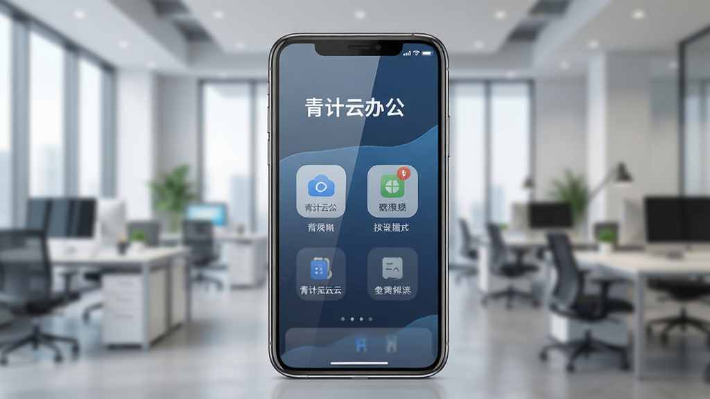 主体为一部正在运行青计云办公软件的智能手机,屏幕显示简洁的办公主界面,背景是虚化的现代办公环境,布局采用居中构图,手机位于画面中心,界面清晰展示“青计云办公”字样及功能图标,风格为写实商务风,细节包括屏幕反光和界面文字,画质高清干净,无多余元素。