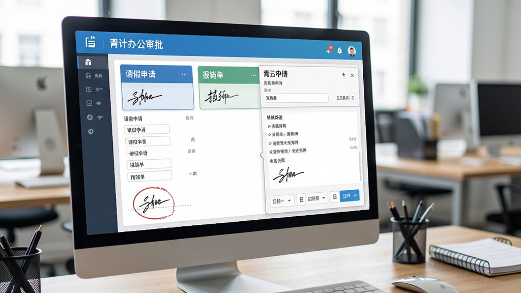 青计云办公审批界面展示,屏幕上有“请假申请”、“报销单”等表单卡片,点击后展开详情,背景为办公室桌面,布局采用列表式,风格简洁商务,细节有签名区域和日期选择器,画质清晰。