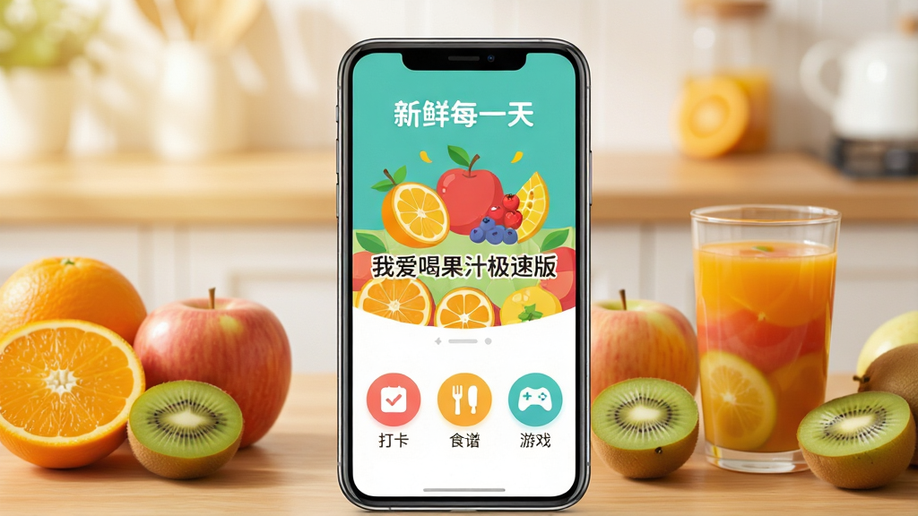 画面主体为一部智能手机屏幕,屏幕中央展示“我爱喝果汁极速版”的APP主界面,界面顶部有鲜艳的水果图标和“新鲜每一天”标语。屏幕下方排列着“打卡”、“食谱”、“游戏”三个圆形按钮。手机背景是温馨的厨房木桌,桌上散落着橙子、苹果、猕猴桃等新鲜水果,旁边放着一杯色彩缤纷的鲜榨果汁。整体布局清晰,风格明亮清新,采用扁平化设计,画质高清,干净无多余元素。