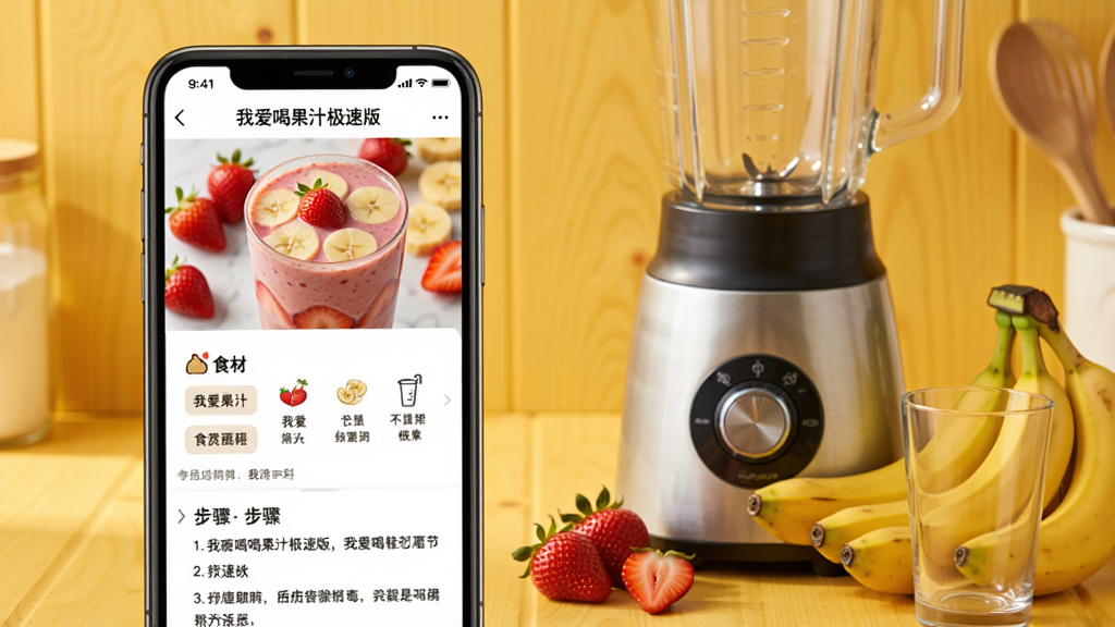 画面主体为手机屏幕展示“我爱喝果汁极速版”的食谱详情页,页面顶部是鲜艳的草莓香蕉奶昔成品图,下方排列着食材列表和步骤说明。手机旁摆放着搅拌机、新鲜草莓、香蕉和玻璃杯,背景为暖黄色木质台面。整体布局清爽,风格写实,画质细腻,干净无多余元素。