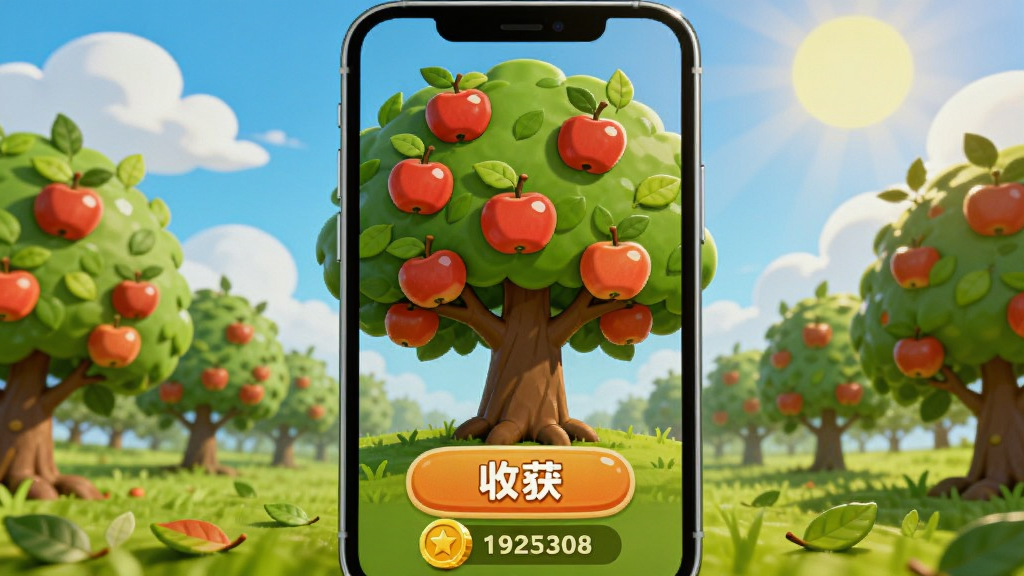 画面主体为手机屏幕显示一棵枝繁叶茂的苹果树,树上挂满红彤彤的果实,屏幕下方有“收获”按钮和金币数量。手机背景是蓝天白云的果园,阳光明媚,地面上散落着几片树叶。整体布局活泼,风格卡通可爱,色彩鲜艳,画质干净,无多余元素。