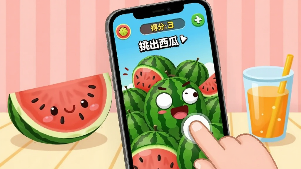 画面主体为手机屏幕展示“挑出西瓜”小游戏界面,西瓜堆中有一个表情搞怪的西瓜,玩家手指点按操作,屏幕顶部显示得分。手机旁放着切开的西瓜和果汁杯,背景为淡红色条纹壁纸。整体布局动感,风格卡通活泼,画质流畅,干净无多余元素。