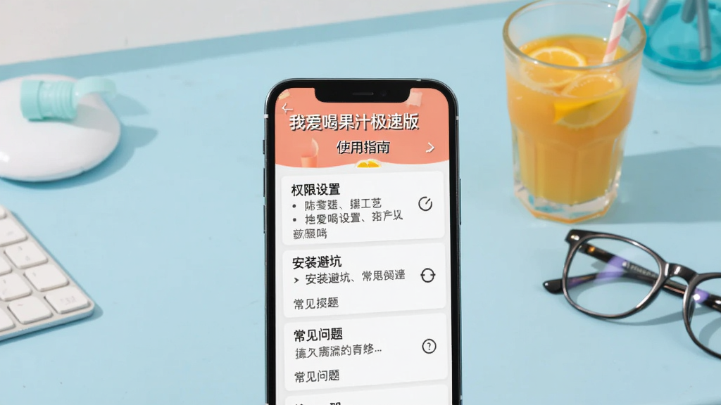画面主体为手机屏幕显示“我爱喝果汁极速版”的“使用指南”页面,页面以列表形式展示“权限设置”、“安装避坑”、“常见问题”等条目。手机背景是简洁的浅蓝色工作台,上面放着一杯果汁和一副眼镜。整体布局清晰,风格扁平化,画质干净,无多余元素。