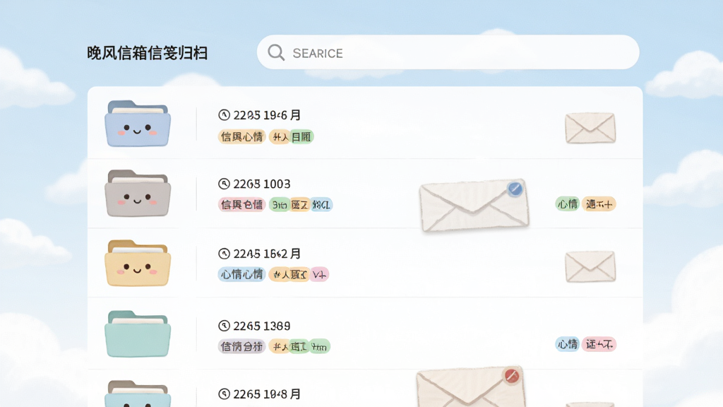主体:晚风信箱的信笺归档页面,显示多个分类文件夹和信件列表;布局:列表视图,顶部有搜索栏;排版:清晰有序,文件夹图标可爱;风格:简约清新;细节:每封信显示日期和心情标签,背景有淡淡的云朵纹理;画质:高清,干净,无多余元素