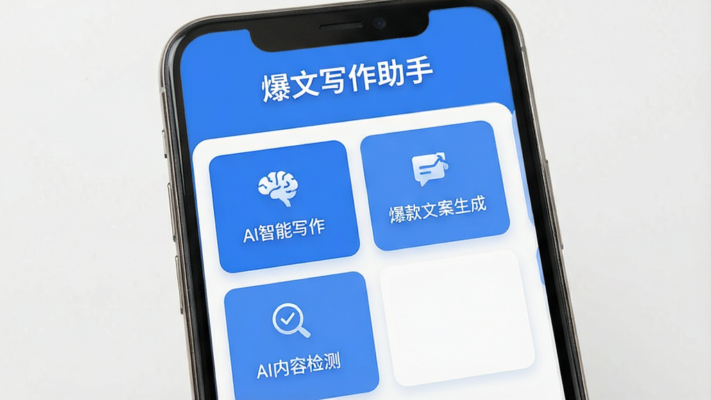 һ��չʾ����д��������������ȫò��ͼƬ���������ֻ���Ļ�ϵ�APP�����棬�Ϸ���ʾ������д�����֡��������м��С�AI����д�������������İ����ɡ�����AI���ݼ�⡱�ȹ��ܿ�Ƭ�������������Ű����룬����ִ���Լ��ɫ��������Ϊ�������ʸ��壬�ɾ��޶���Ԫ�ء�