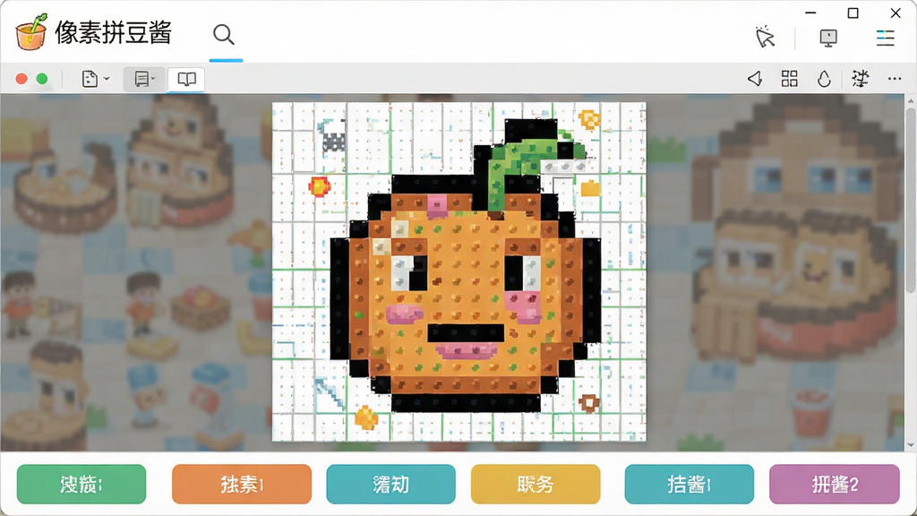 一张展示像素拼豆酱软件主界面的高清截图,界面包含顶部导航栏、中部拼豆图纸预览区(展示彩色像素图纸)、底部功能按钮区,整体风格清新简约,色彩明亮,突出软件名称“像素拼豆酱”,画质清晰干净,无多余元素。
