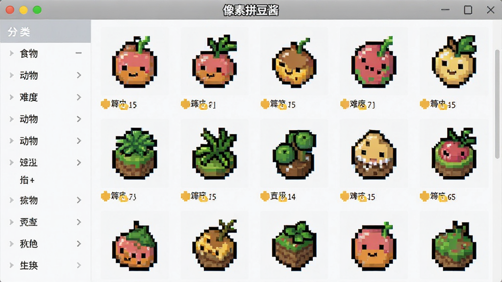 展示像素拼豆酱图纸库界面的截图,左侧是分类列表(食物、动物、植物等),右侧是图纸缩略图网格,每张图纸下方标注难度等级,界面清晰美观,软件名称“像素拼豆酱”显示在顶部,画质干净,无多余元素。