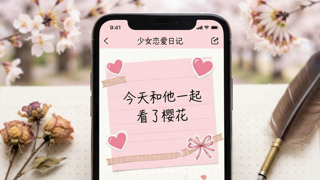 ���壺�ֻ���Ļ��д��չʾ����Ů�����ռǡ�APP���ռǱ༭ҳ�棬ҳ�����з�ɫ��ֽ��������ֽ����д���塣���֣��ֻ����У������黯���Ű棺��Ļ�����������ɼ���д�š��������һ����ӣ����������������˷磬��͹��ߡ�ϸ�ڣ�����ë�ʡ��ɻ���װ��Ԫ�ء����ʣ����壬�ɾ����޶���Ԫ�ء�