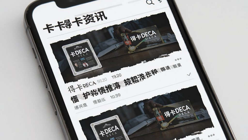 主体:手机屏幕展示得卡DECA资讯列表;布局:列表式排版,图文并茂;排版:信息流形式,标题醒目;风格:现代杂志风格;细节:新闻条目包含卡牌图片与“得卡DECA”品牌标识;画质:高清晰度,干净,无多余元素。