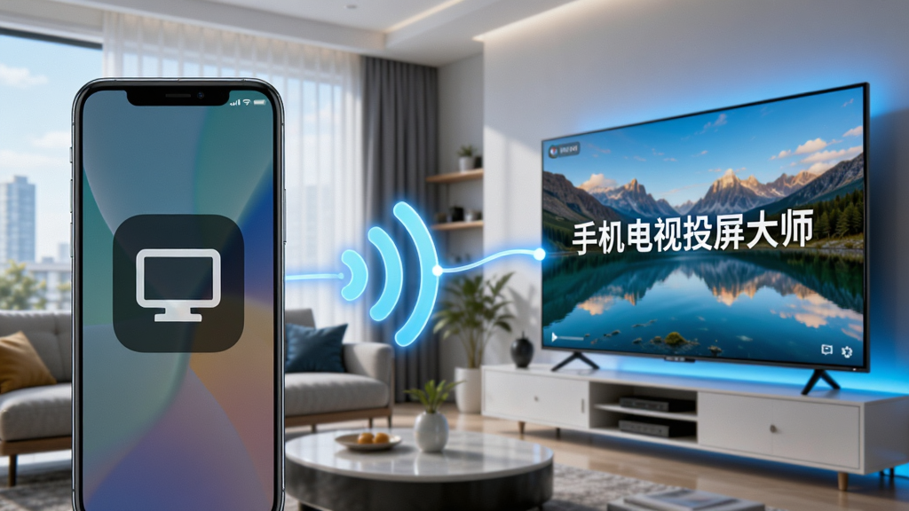 主体:一部智能手机屏幕中显示投屏图标,画面延伸到大屏电视上,电视中播放高清风景视频。布局:左侧手机,右侧电视,中间有无线信号连接线。排版:手机和电视居中,背景为现代客厅。风格:科技感、明亮、高清渲染。细节:画面色彩鲜艳,电视屏幕中显示“手机电视投屏大师”字样,信号线发光。画质:8K超清,干净,无多余元素。