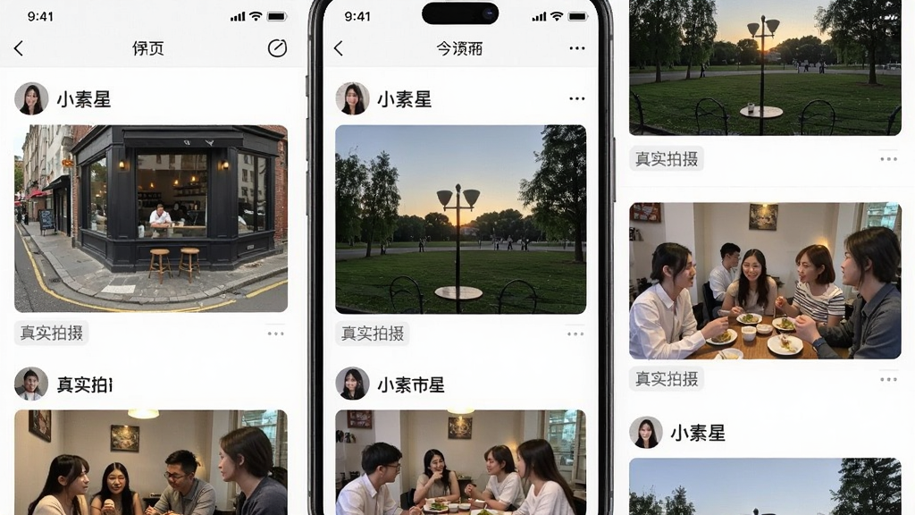 һ��չʾ��С���ǡ�APP������Ϣ��������ֻ���ͼ����Ļ����һ�����û��������ճ�������Ƭ���нֽǿ��ȵꡢ�����Ĺ�԰�����Ѿۻ�ȣ���Ƭ�����ʵ��Ȼ���·��С���ʵ���㡱��С��ǩ�������࣬�������������дʵ�����ʸɾ����޶���Ԫ��