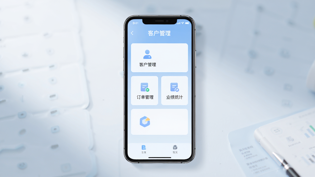 图片展示诊教授业务端软件在手机上的主界面,界面清晰显示“客户管理”、“订单管理”、“业绩统计”等核心功能模块,整体风格简洁商务,背景为浅蓝色渐变,手机居中摆放,周围有柔和的光影效果,画质干净,无多余元素。