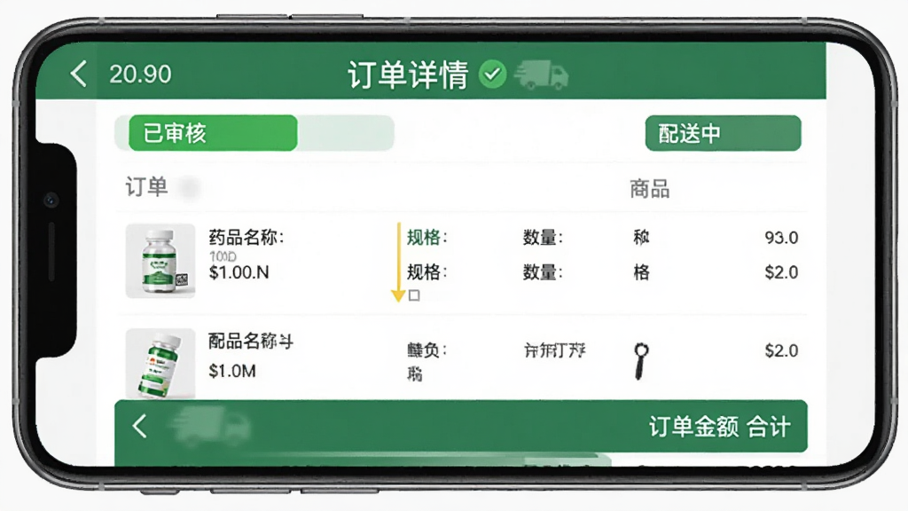 展示诊教授业务端订单详情的手机界面,订单状态清晰标注为“已审核”、“配送中”等,订单商品列表包含药品名称、规格、数量、单价,底部有订单金额合计,界面采用绿色主色调,风格商务,画质干净,无多余元素。