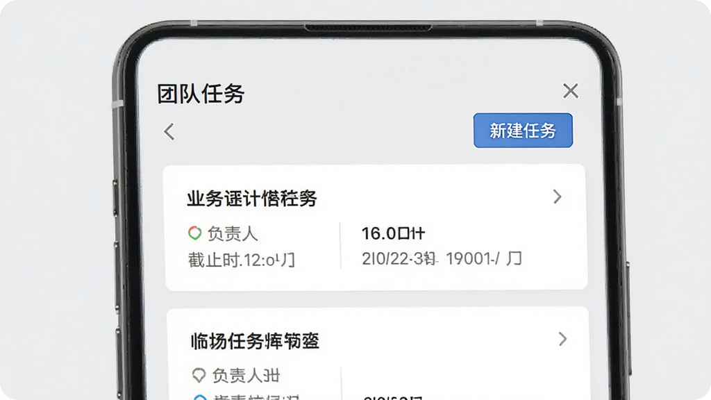 展示诊教授业务端协同办公界面的手机截图,页面顶部为“团队任务”,下方有任务卡片,包含任务标题、负责人、截止时间,右上角有“新建任务”按钮,整体风格简约商务,背景为淡灰色,画质干净,无多余元素。
