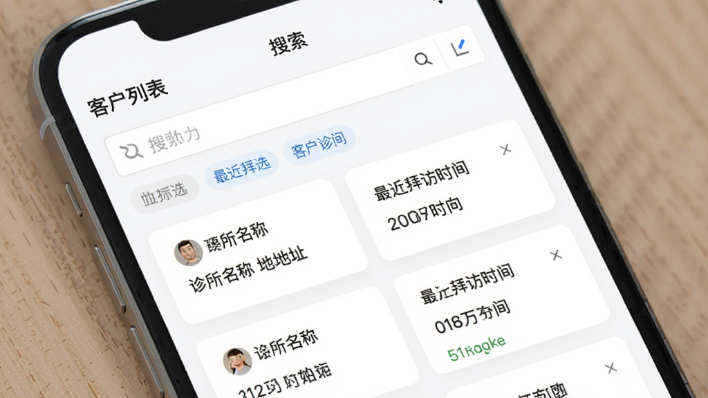 展示诊教授业务端客户管理页面的手机截图,页面顶部显示“客户列表”,下方有搜索框和筛选标签,列表中的客户卡片包含诊所名称、地址、最近拜访时间等关键信息,背景为白色,界面清爽简洁,画质干净,无多余元素。