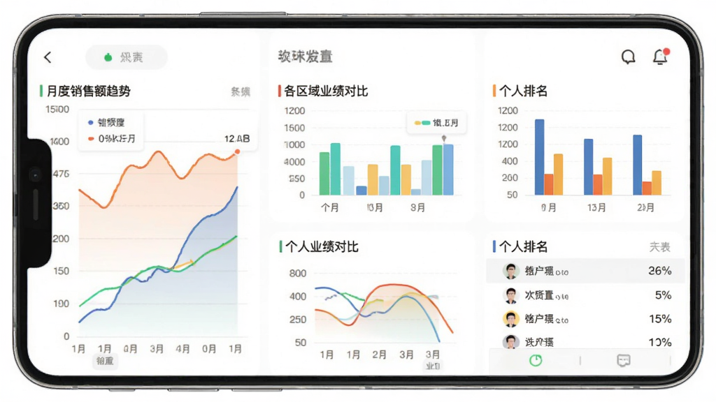 展示诊教授业务端业绩统计界面的手机图表,包含月度销售额趋势图、各区域业绩对比柱状图、个人排名列表,图表色彩鲜艳但搭配协调,背景为白色,界面简洁清晰,画质干净,无多余元素。