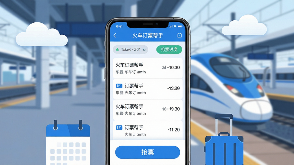 画面主体为一部正在运行“火车订票帮手”软件的智能手机,手机屏幕清晰显示车次列表与抢票进度界面,背景是虚化的火车站台与高速行驶的动车组。整体布局采用手机居中特写,周围点缀云朵、日历和行李箱等出行元素。排版风格扁平化,色彩以蓝色和白色为主色调,凸显科技感与可靠感。细节上,手机屏幕中的界面线条流畅,按钮明确,画面干净无多余杂物,画质高清,渲染出专业出行助手的氛围。