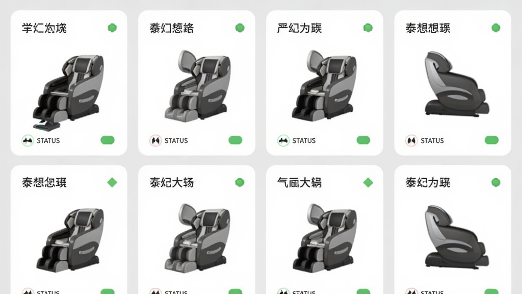 泰想家APP设备管理界面,展示多台按摩椅卡片式布局,每个卡片显示设备名称、状态图标,背景为浅灰色,扁平化设计,画质清晰,无多余元素