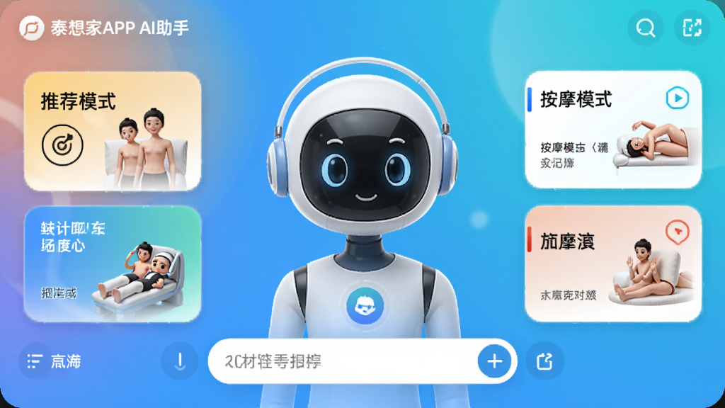 泰想家APP AI助手对话界面,虚拟助手形象在屏幕中央,下方输入框,周围有按摩模式推荐卡片,科技感UI,明亮色调,高清画质,无多余元素