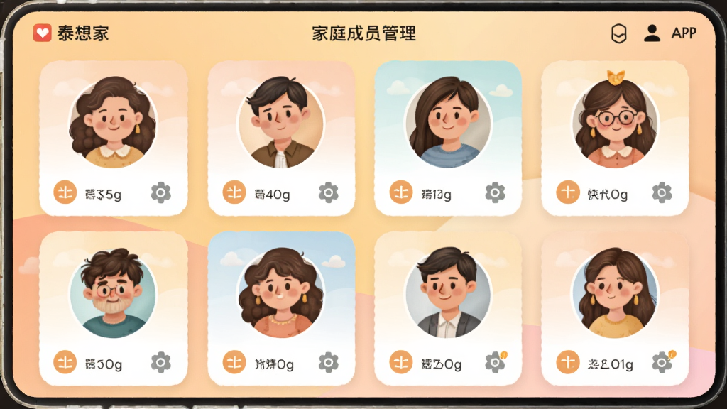 泰想家APP家庭成员管理页面,展示多个成员头像卡片,每个卡片下方有偏好设置图标,背景为柔和渐变,插画风格,温馨色调,高清画质,无多余元素