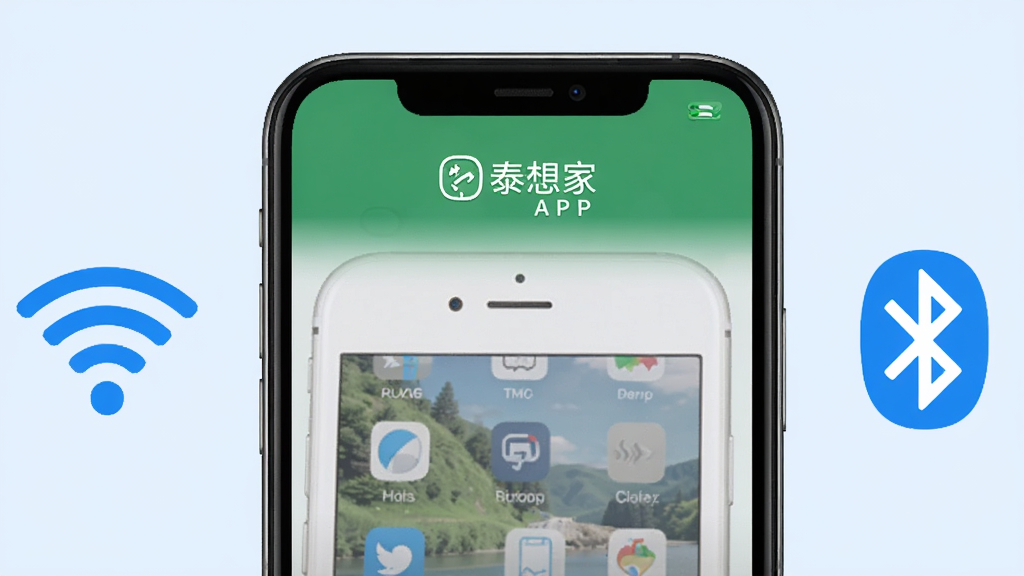 泰想家APP安装步骤示意图,手机屏幕显示安装界面,旁边有Wi-Fi和蓝牙图标,背景为浅蓝色,简洁明了,高清画质,无多余元素