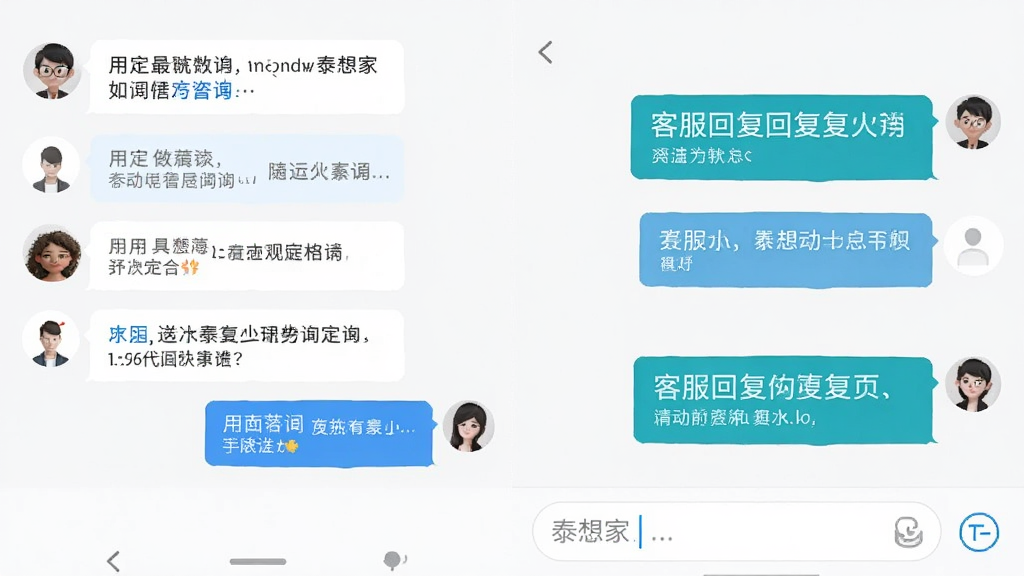 泰想家APP在线咨询页面,左侧用户消息气泡,右侧客服回复气泡,底部输入框,界面清晰,浅色背景,干净无多余元素