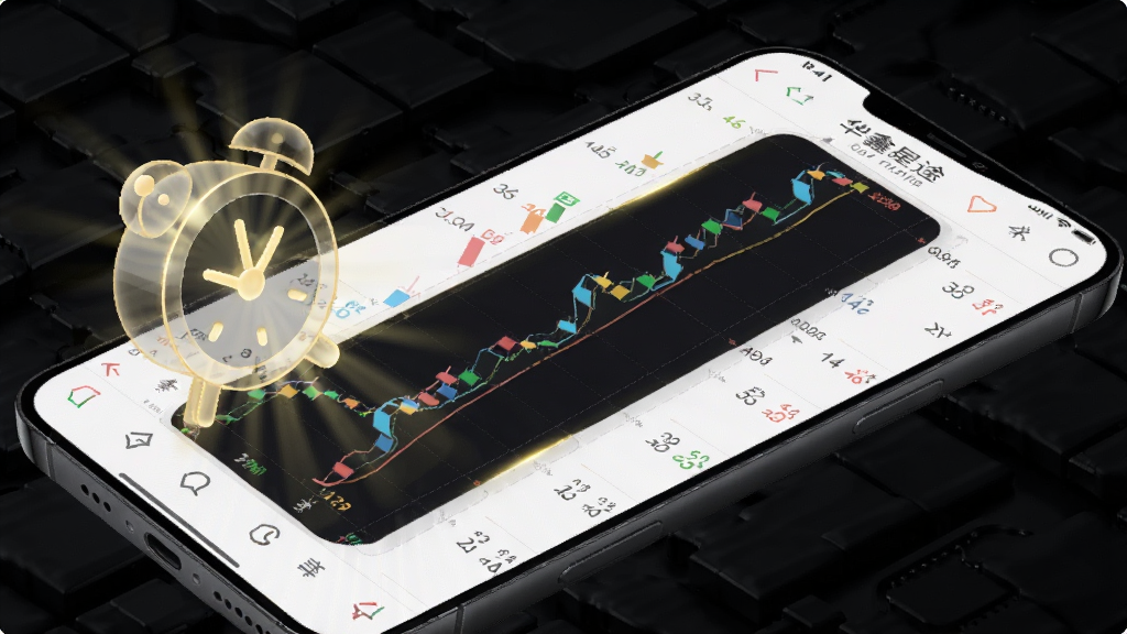 主体为智能手机横屏展示华鑫星途APP行情页面,屏幕上布满彩色分时图与买卖五档数据,手机左侧悬浮一个半透明闹钟图标发出金色光芒,背景为深色科技纹理,布局采用对角线构图,风格为写实3D渲染,细节包括屏幕数据清晰可辨、闹钟图标有发光特效,画质干净无多余元素