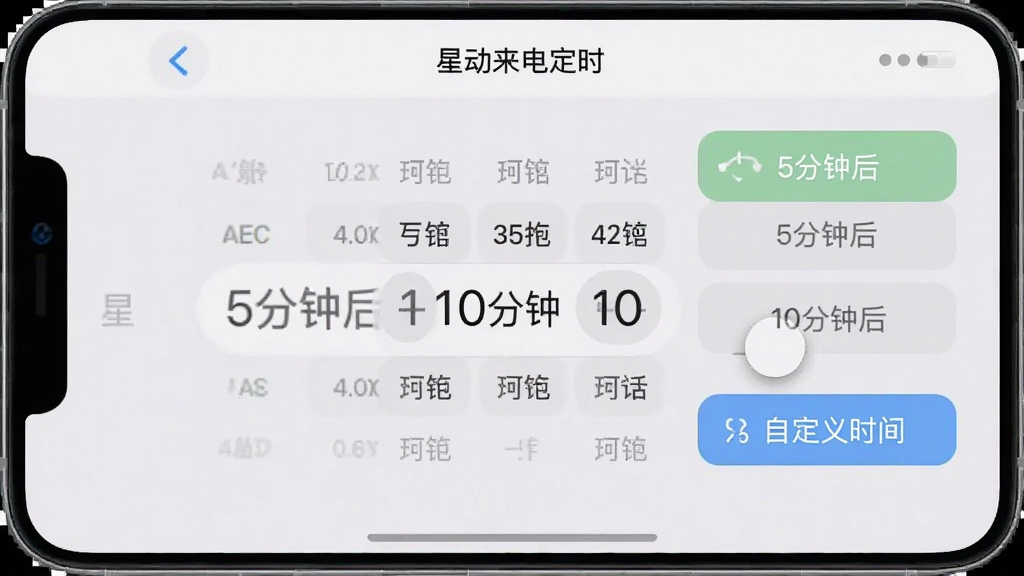 星动来电定时设置界面截图,显示时间选择器,用户正在滑动设置来电时间,界面有“5分钟后”、“10分钟后”、“自定义时间”等选项,背景为浅灰色,UI设计简洁直观,文字清晰,画质高清干净